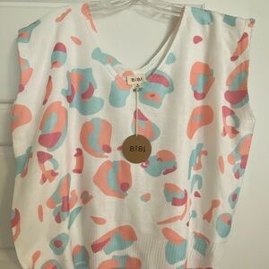 BiBi White Knit Tank with Coral, Aqua and Pink Abstract Spots. Oversized